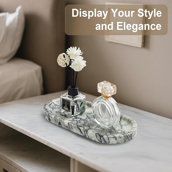 Natural Marble Vanity Tray - Moujings Genuine Marble Perfume Tray for Bathroom Decor, Stone Bathroom Vanity Organizer Tray for Kitchen Counter, Candles, Jewelry, Coffee, Makeup, Key