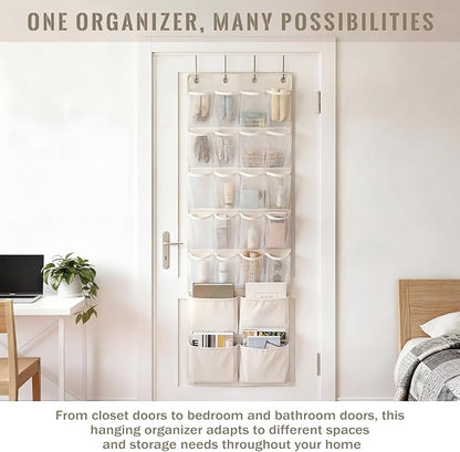 SATINIOR 19 x 51 Inch Canvas over The Door Closet Organizer with 20 Mesh Pockets 4 Large Pockets Multifunctional Closet Hanging Storage Organizer with Hooks for Pantry Laundry Bathroom Nursery