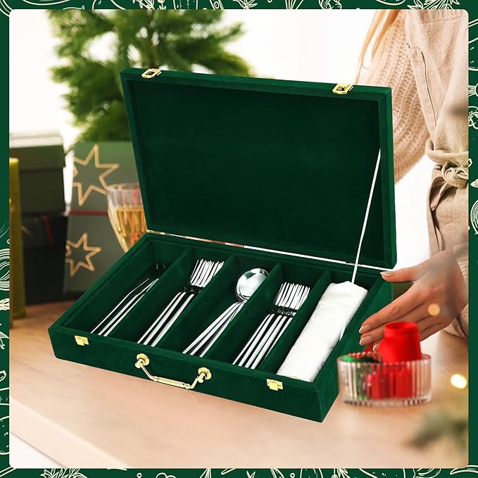 Pickmesh Silverware Case with Lid and Handle, Silverware Storage Box Sterling Silver Flatware Chest Without Silver Tarnish Proof Utensils Organizer for Kitchen Decor Wedding Gifts(Emerald,1 Layer)