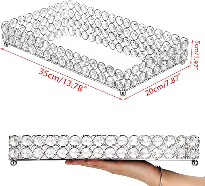 Hipiwe Crystal Cosmetic Vanity Tray, Mirrored Decorative Jewelry Organizer Tray for Perfume, Trinket, Makeup Display Dresser Home Decor (Large, Silver)
