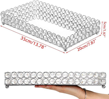 Hipiwe Crystal Cosmetic Vanity Tray, Mirrored Decorative Jewelry Organizer Tray for Perfume, Trinket, Makeup Display Dresser Home Decor (Large, Silver)
