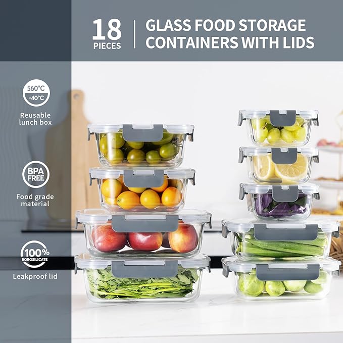 S SALIENT 18 Pieces Glass Food Storage Containers with Lids,Airtight Glass Meal Prep Containers,Glass Storage Containers Set for Kitchen,Pantry BPA Free & Leak Proof (9 lids & 9 Containers)