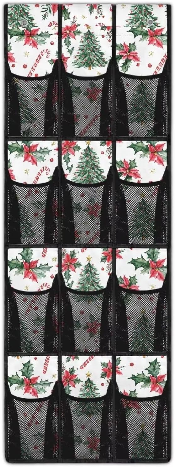 Christmas Tree Over The Door Shoe Organizer Xmas Decor Mesh Fabric Door Hanger Organizer for Kids Room Space Saving Shoe Holder Hanger Christmas Wall Hanging Storage for Closet
