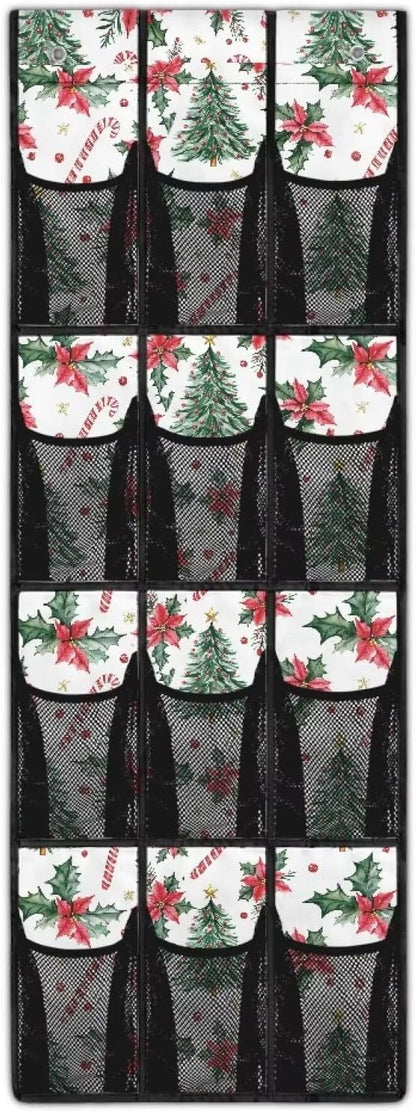 Christmas Tree Over The Door Shoe Organizer Xmas Decor Mesh Fabric Door Hanger Organizer for Kids Room Space Saving Shoe Holder Hanger Christmas Wall Hanging Storage for Closet