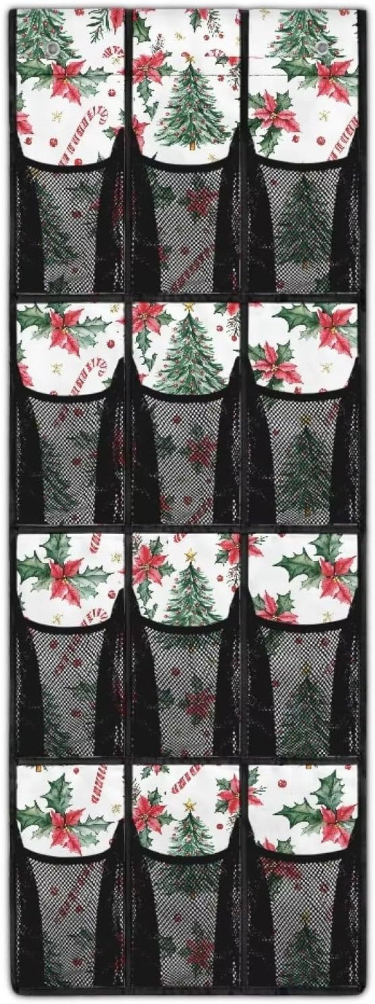 Christmas Tree Over The Door Shoe Organizer Xmas Decor Mesh Fabric Door Hanger Organizer for Kids Room Space Saving Shoe Holder Hanger Christmas Wall Hanging Storage for Closet