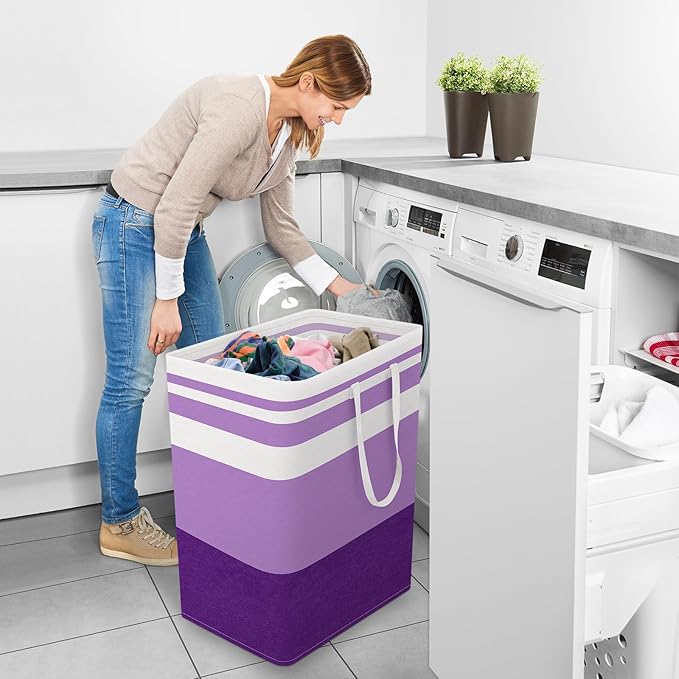 StorageRight Large Collapsible Laundry Basket Hamper with Easy Carry Handles，Freestanding Clothes Hampers for Laundry, Bedroom, Dorm, Towels, Toys, 100L, Purple