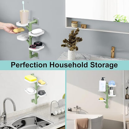 Soap Holder Four Layer Wall Mounted NO-Drilling Rotatable Self-draining Removable Soap Dish for Shower Bathroom Tray,Self Draining Sponge Holder,Razor Holder（White/Green）