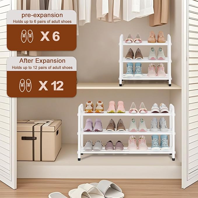 KANAV 3-Tier Expandable Shoe Rack, Heavy Duty Adjustable Metal Shoe Organizer for Closet & Entryway, Freestanding, Tool-Free Assembly, White