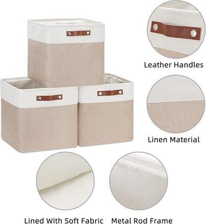 HNZIGE Cube Storage Baskets for Shelves Foldable Storage Baskets(3 Pack) Cube Storage Bin,13 Inch Storage Basket for Organizing with Leather Handles for Toys, Clothes, Kids , Closet (White&Beige)
