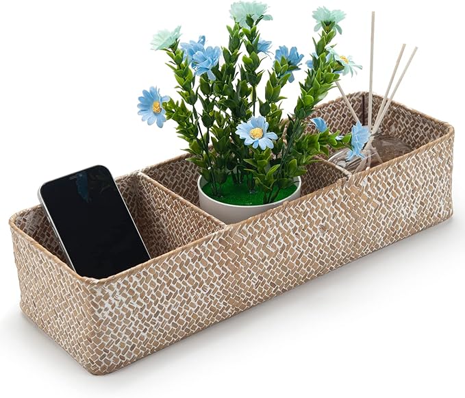 DOKOT Whitewash Seagrass Toilet Tank Basket with 3 Section, Toilet Paper Basket for Bathroom Organizing, Storage Basket for Kitchen, Dresser (16.5x5.7x3.5 inch)