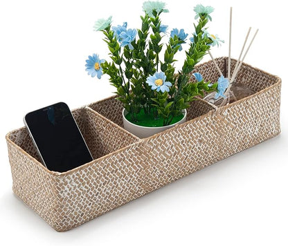 DOKOT Whitewash Seagrass Toilet Tank Basket with 3 Section, Toilet Paper Basket for Bathroom Organizing, Storage Basket for Kitchen, Dresser (16.5x5.7x3.5 inch)