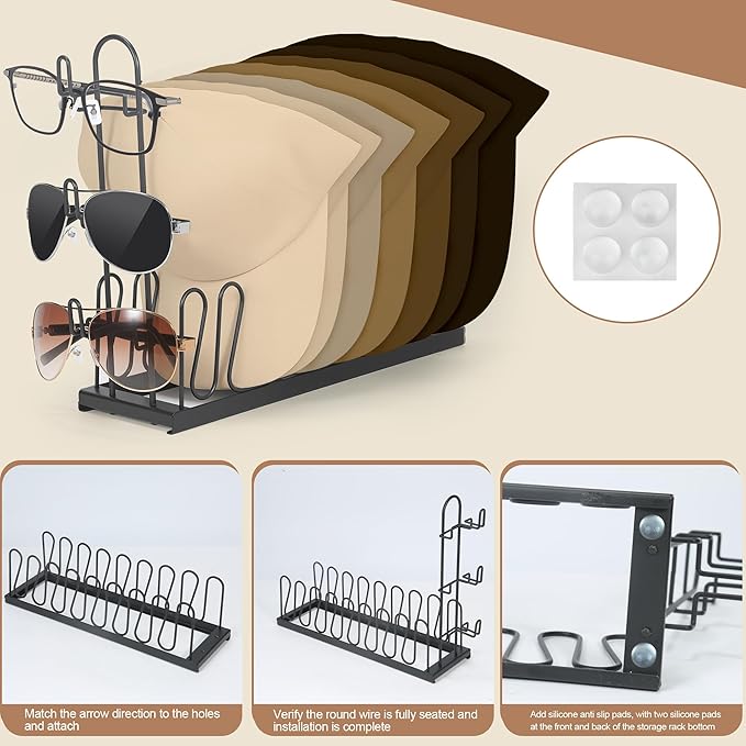 Hat & Sunglasses Organizer Rack, Foldable Storage Stand for 8 Baseball Caps & 3 Glasses – Space-Saving Hat Holder, Gift for Hat Lovers, Ideal for Closet, RV, Bedroom, or Vanity Table