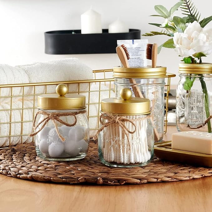 SheeChung Small Mason Jar, Glass Qtip Holder, Apothecary Jars with Lids, Bathroom Organizers and Storage, Bathroom Canister for Q-tips, Floss, Balls, Cotton Swabs, Farmhouse Decor-Brushed Gold