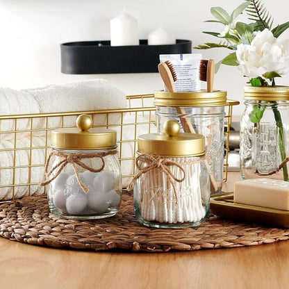 SheeChung Small Mason Jar, Glass Qtip Holder, Apothecary Jars with Lids, Bathroom Organizers and Storage, Bathroom Canister for Q-tips, Floss, Balls, Cotton Swabs, Farmhouse Decor-Brushed Gold