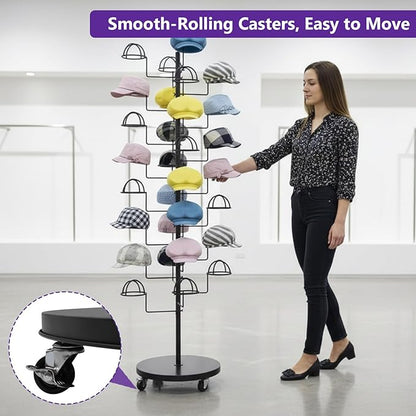 Metal Hats Display Rack with 30 Adjustable Hooks Floor Hat Rack Stand Hat Rack Display for Home Retail Store Hat Organizer Rack for Wig Cap(Black)