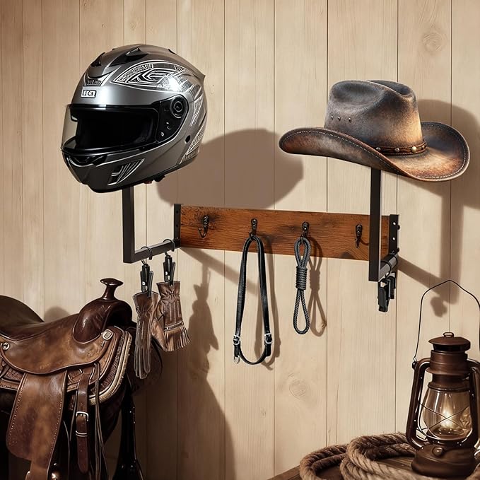 Cowboy Hat Rack For Wall, Rustic Helmet Holder with 2 Wooden Hat Stands, 4 Metal Hooks and 4 Clips for Jacket Organization, Western Home Decor Shelf for Closet, Horse Trailer, Entryway, Bedroom