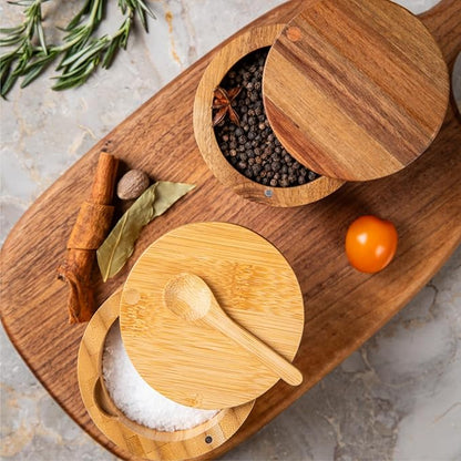 Bamboo Salt Cellar Bowl Box with Swivel Magnetic Lid to Avoid Dust, Elegant Kitchen Salt Container Holder with to Storage Pepper Spice Bath & Sea Salts, 6OZ（Built-in Spoon）