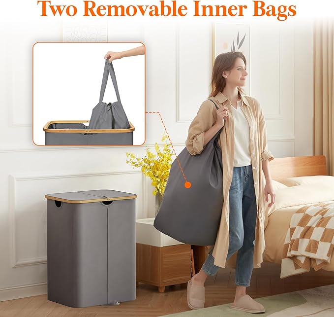 Lifewit 150L Double Laundry Hamper with Lid, Large Laundry Basket with Removable Bag & Bamboo Handles, Fodable Tall Dirty Clothes Hamper for Laundry Collapsible Bin for Bathroom Bedroom, Charcoal Gray