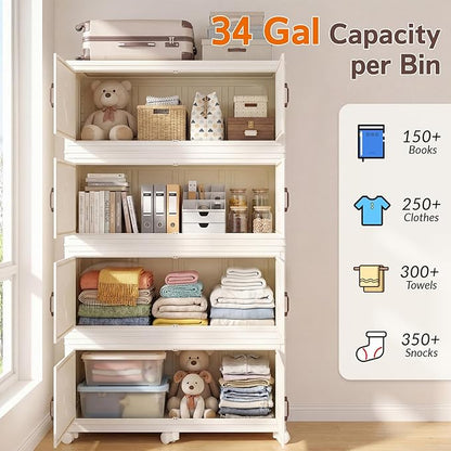 Stackable Storage Bins with Lid & Wheels, 136 Gal/544 Qt Clover Extra Large Plastic Storage Containers, Foldable Collapsible Organizer Box for Garage, Pantry, Closet (4-Pack, Cream White)