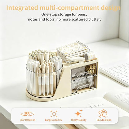 360 Rotating Makeup Organizer with 2 Drawers, Spinning Cosmetic Brush Holder & Pen Cup, Multi-Purpose Desktop Storage for Bathroom Vanity, Art Supplies, Skincare, Office Desk