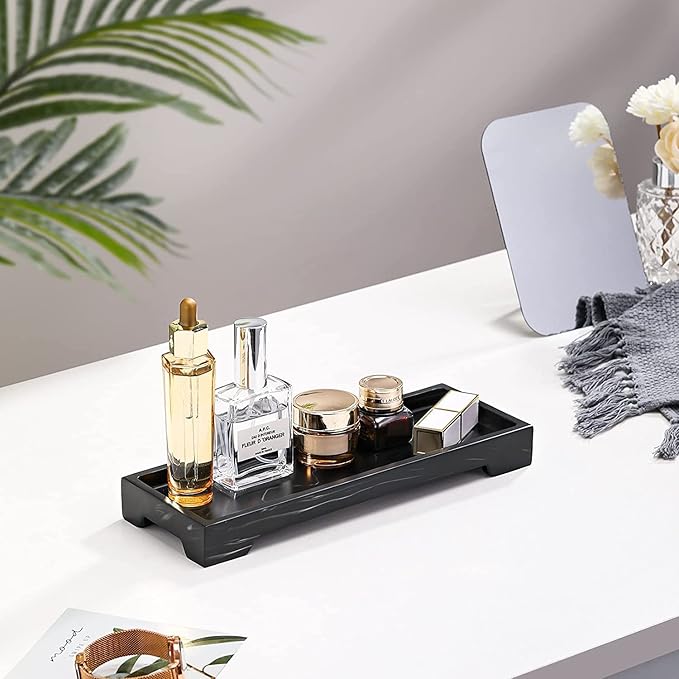 Luxspire Resin Vanity Tray, Bathroom Tray Toilet Tank Storage Tray, 11 x 4 inch Kitchen Sink Trays, Vanity Countertop Organizer for Candles Soap Towel Perfume Holder Jewelry Dish Decor, Ink Black