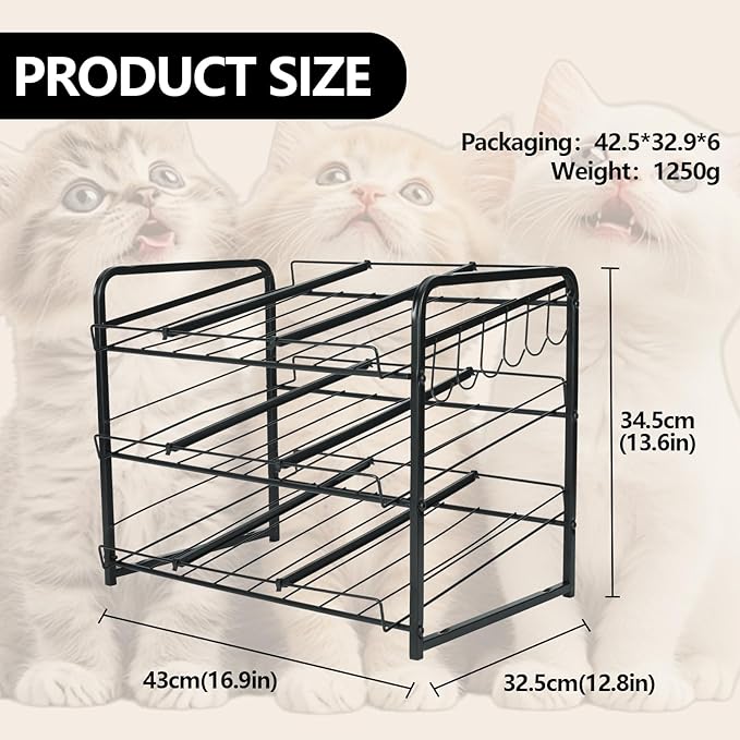 Iron Cat Food Container, Can Organizer for Pantry, Pet Food Storage Containers, 3-Tier Can Stackable Storage Rack with 6 Fixed Hooks, Canned Goods Organizer for Countertop Kitchen Cabinet, Black