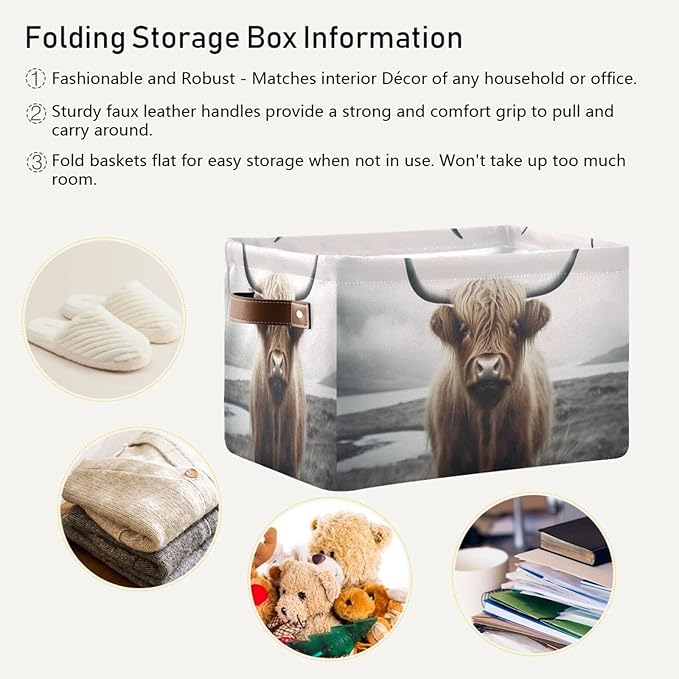 YETTASBIN Highland Cow Storage Basket 2pc, Large Collapsible Toys Clothes Organizer, Durable Canvas Storage Bin with Handle for Shelves Closet Laundry Home Office Decor