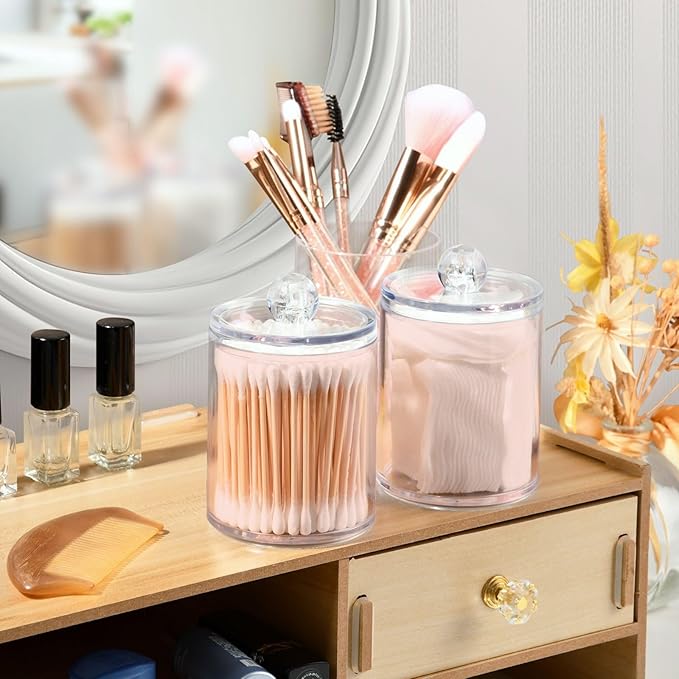 Misty Rose Pink Qtip Dispenser Apothecary Jars Bathroom Qtip Holder Storage Canister 10 Oz Plastic Jar for Cotton Ball Swab Round Pads Floss 2pcs