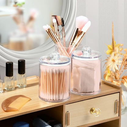 Misty Rose Pink Qtip Dispenser Apothecary Jars Bathroom Qtip Holder Storage Canister 10 Oz Plastic Jar for Cotton Ball Swab Round Pads Floss 2pcs