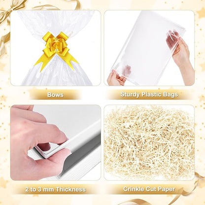 5 Pack Baskets For Gifts Empty, 10x12” White Gift Basket Kit with Clear Bags Gold Bows 200g Crinkle Cut Paper Empty Gift Baskets to Fill Large Gift Baskets for Christmas, Birthdays, Holidays, Weddings