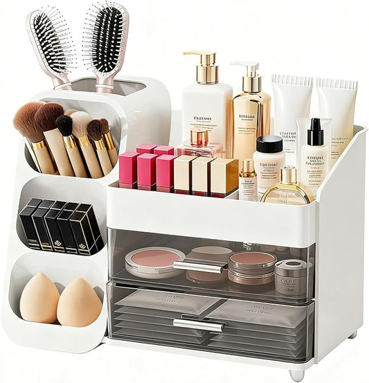 Makeup Organizer with Brush Holder for Vanity, Spacious Cosmetic Display Case with 2 Drawers, The Perfect Bathroom Vanity Organizer for Beauty Essentials, Skincare, Lipsticks