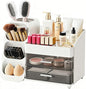 Makeup Organizer with Brush Holder for Vanity, Spacious Cosmetic Display Case with 2 Drawers, The Perfect Bathroom Vanity Organizer for Beauty Essentials, Skincare, Lipsticks