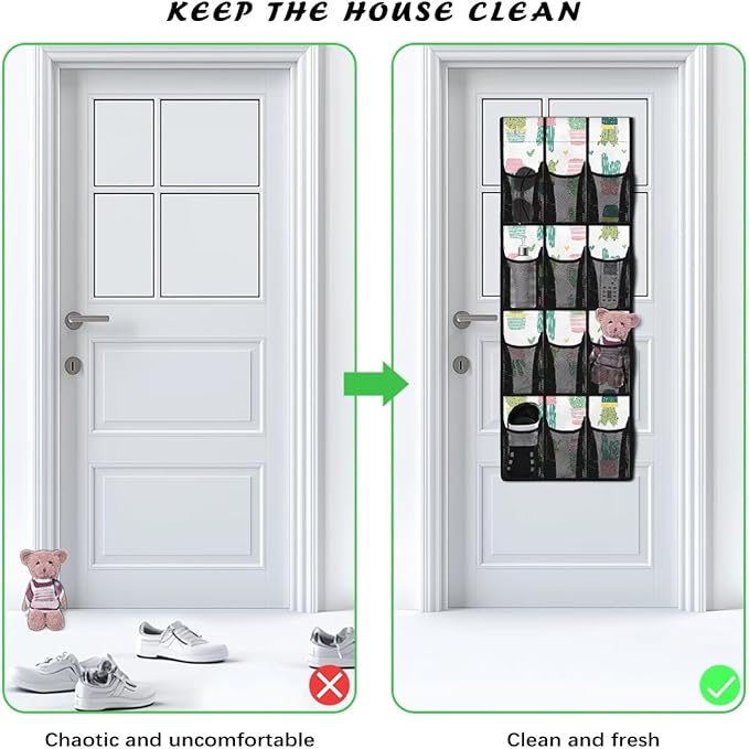 Cactus Behind the Door Storage Organizer with 12 Mesh Pockets Hanging Shoe Organizer for College Dorm Room Easy to Install Closet Door Holder Hanger Storage Bag Rack for Shoe