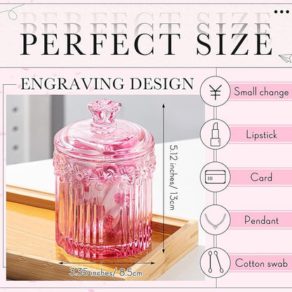 Hushee 4 Pcs Crystal Glass Candy Jar Set with Lids Home Decorative Storage Jars for Apothecary, Bathroom, Kitchen, and Pantry, Ideal for Cotton Swabs and Jewelry(Pink)