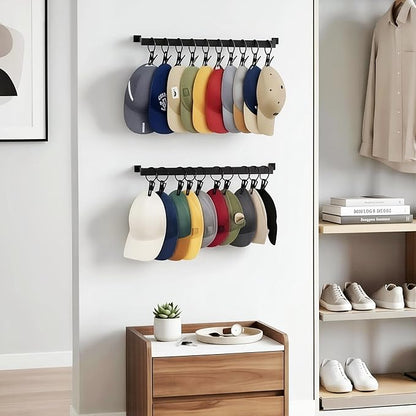 Hat Rack for Wall Baseball Cap Set of 2, Metal Hat Hanger with Hooks, Wall Mount Cowboy Hat Storage Display Sock Scarf Organizer for Door Closet Entryway Bedroom