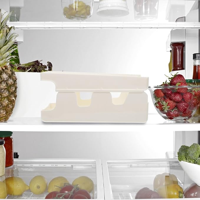 FRCOLOR Double Layer Refrigerator Beer Can Organizer Storage Box, White Plastic Soda Can Dispenser Holder for Kitchen Fridge Beverage Storage