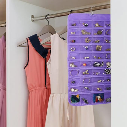 Bloss Hanging Jewelry Organizer, Double Sided 80 Pocket Jewelry Chain Storage Bag 2 Layer of Fabric Jewelry Organizer Holder for Necklace Bracelet Earring Ring Chain Knitting Tool - Purple