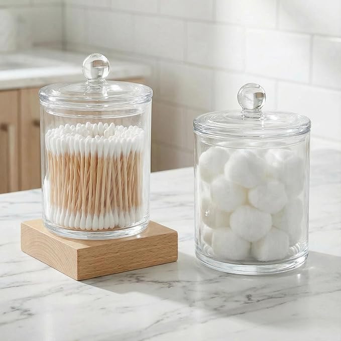 novelinks Acrylic Plastic Qtip Holder Dispenser, Apothecary Jar Canister Set with Lids for Cotton Swabs, Balls, Round Pads & Floss Picks - Bathroom Vanity Makeup Storage Container (Clear, 6 Pack)