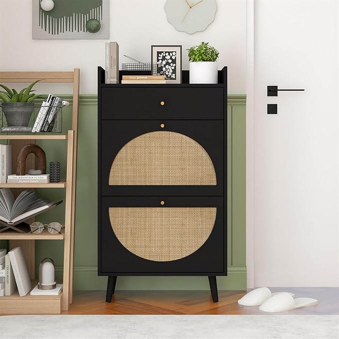 ZeHuoGe Natural Rattan Shoe Cabinet with 2 Flip Drawers, Black Shoe Rack Storage Cabinet for Heels, Slippers, Free Standing Shoe Rack for Entrance Hallway (Black)