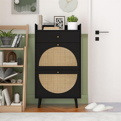 ZeHuoGe Natural Rattan Shoe Cabinet with 2 Flip Drawers, Black Shoe Rack Storage Cabinet for Heels, Slippers, Free Standing Shoe Rack for Entrance Hallway (Black)