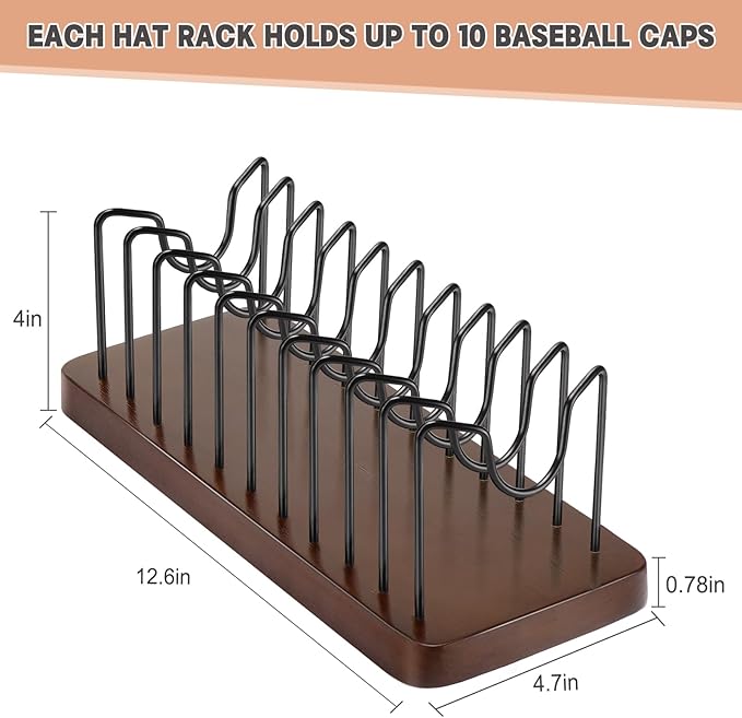 Hat Organizer for Baseball Caps, Hat Rack Stand for 20 Hats Wood Metal Hat Holder Storage Baseball Cap Organizer for Closet Dresser Desk (Brown, 2 Packs)