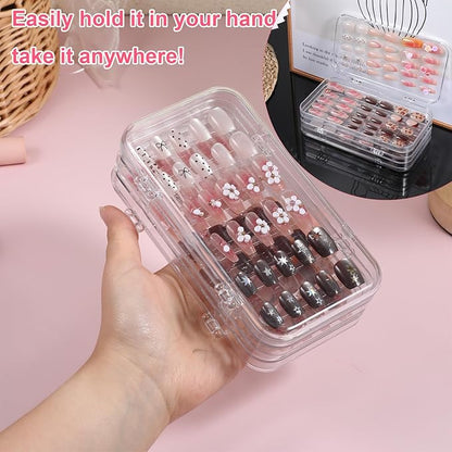 Press On Nail Organizer Case Tri-Fold 4 Page Clear Empty Press On Nail Packing Box PET Plastic Storage Box with 30 pcs Adhesive Double Sided Tape for Storage Display Nails Art Business(6×3.2×1.8 inch)