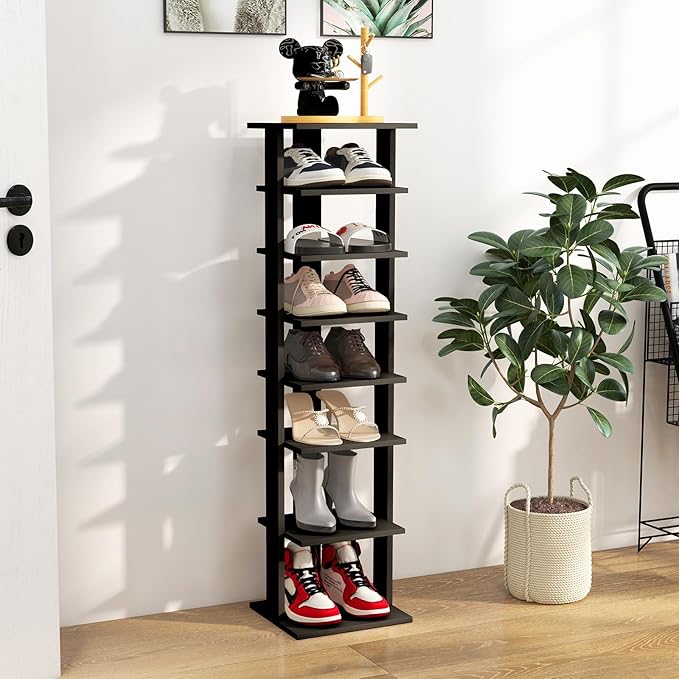 BETTARY 8 Tier Vertical Shoe Rack, Narrow Wooden Corner Shoe Organizer for Small Spaces, Removable Shelves, Anti-toppling Device, Shoe Tower for Entryway, Closet, Bedroom (Black, Single Row)
