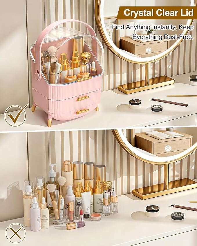 Makeup Organizer with Drawers & Lid - Portable Large Cosmetic Storage Case for Vanity Countertop, Travel, Gift for Women, Girls, 11"×7"×15", Pink