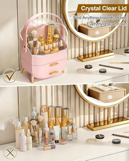 Makeup Organizer with Drawers & Lid - Portable Large Cosmetic Storage Case for Vanity Countertop, Travel, Gift for Women, Girls, 11"×7"×15", Pink