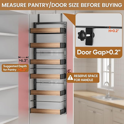 POKIPO 6 Tier Over The Door Pantry Organizer, 2-in-1 Door Hanging or Wall Mounted Spice Rack, Large Heavy Duty Pantry Door Storage Seasoning Shelves with Adjustable Basket for Kitchen Bathroom Closet