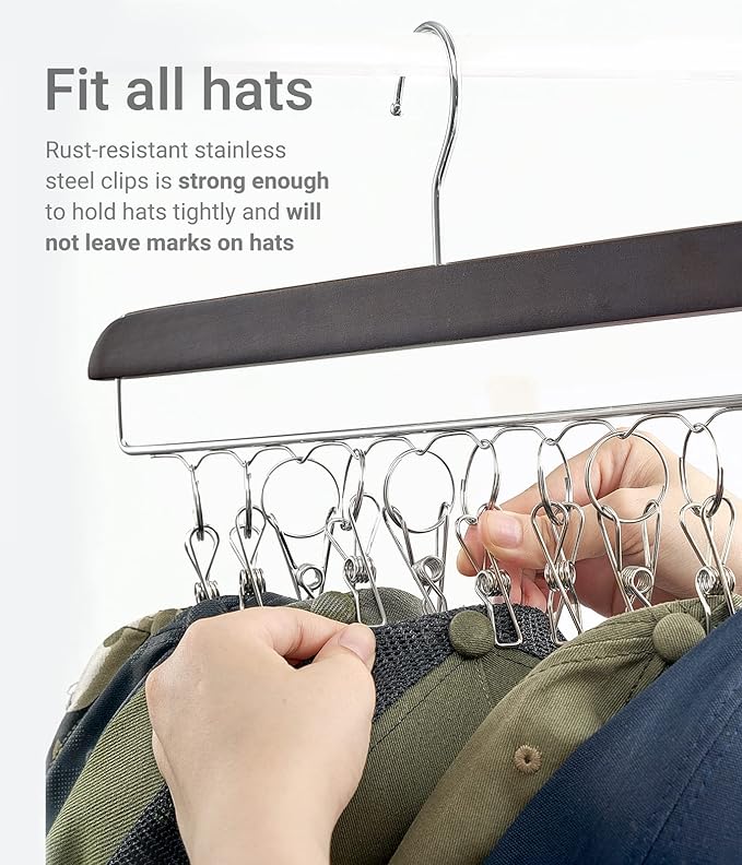 Mkono Hat Hangers for Closet Set of 2 Wooden Hat Organizer Racks for Baseball Caps with 20 Stainless Steel Clips, Baseball Hat Holder for Closet Storage, Fits All Caps, Walnut Color