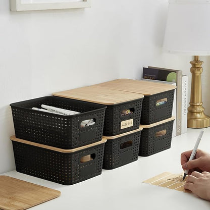 Bagnizer Small Plastic Storage Bins with Bamboo Lids 5.2qt Stackable Box Basket Pantry Decorative Containers Cute with Lable for Organizing Desktop Closet Office Black of 6 packs 10 * 7.2 * 4.1"