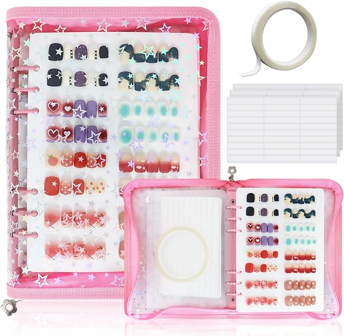 DHATMYC Press On Nail Storage Organizer Binder with 8 Insert Pages - A5 Size Reusable Fake Nail Swatch Star Collecting Book Polish Color Display Holder Container with Tape and Zipper Pocket (PINK)