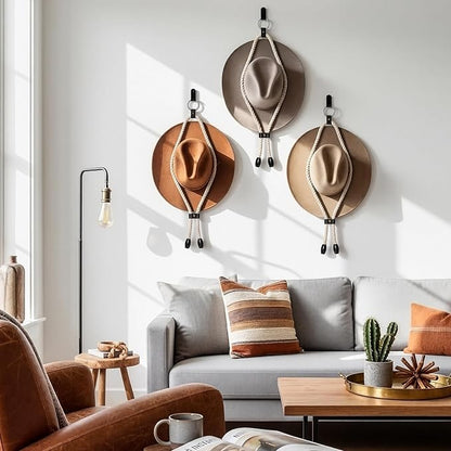 Sliner 4 Pcs Cowboy Hat Hangers Adjustable Cowboy Hat Mounts for Wall Including Nails and Hooks Western Decor Vintage Rope and Leather Design for Living Room Door Home Entryway Display